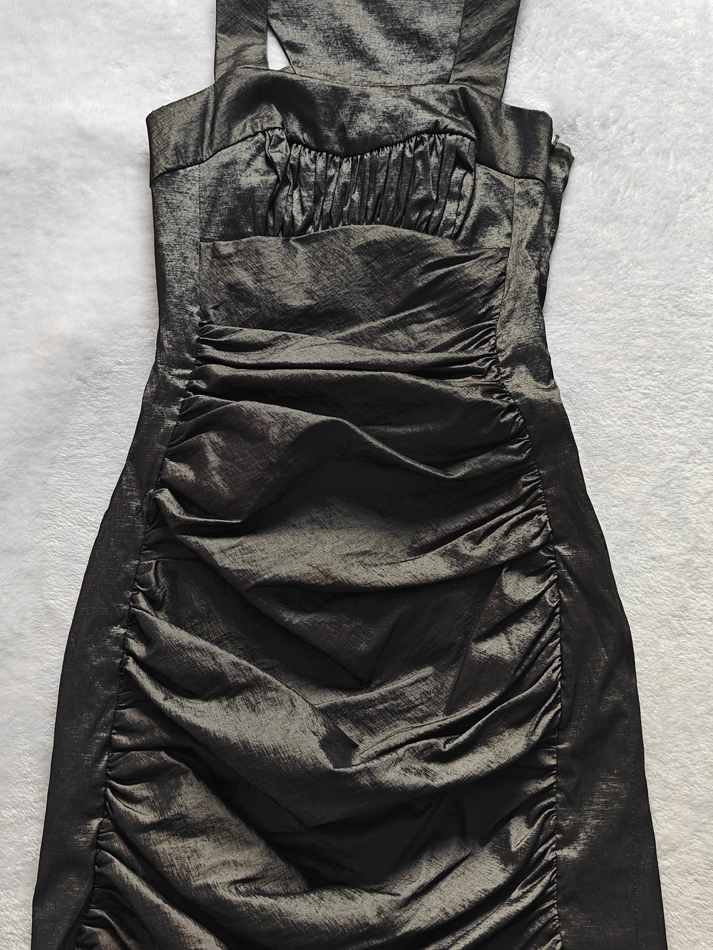 Jessica McClintock Women's Gray Metallic Satin Ruched Square Neck Sheath Dress 2